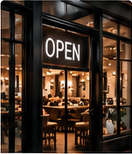 Restaurant storefront with a lit OPEN sign