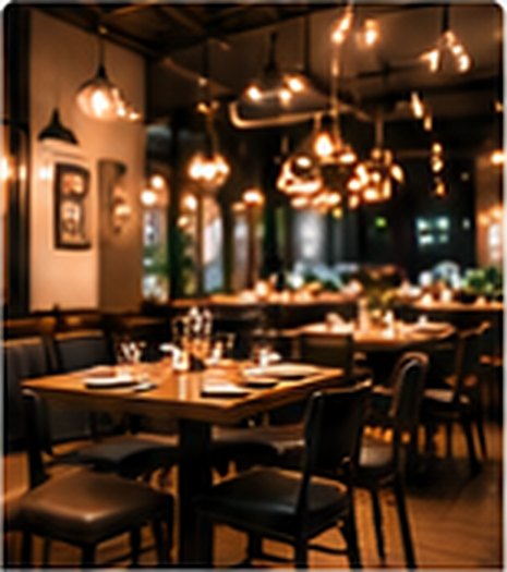 Warmly lit restaurant dining room